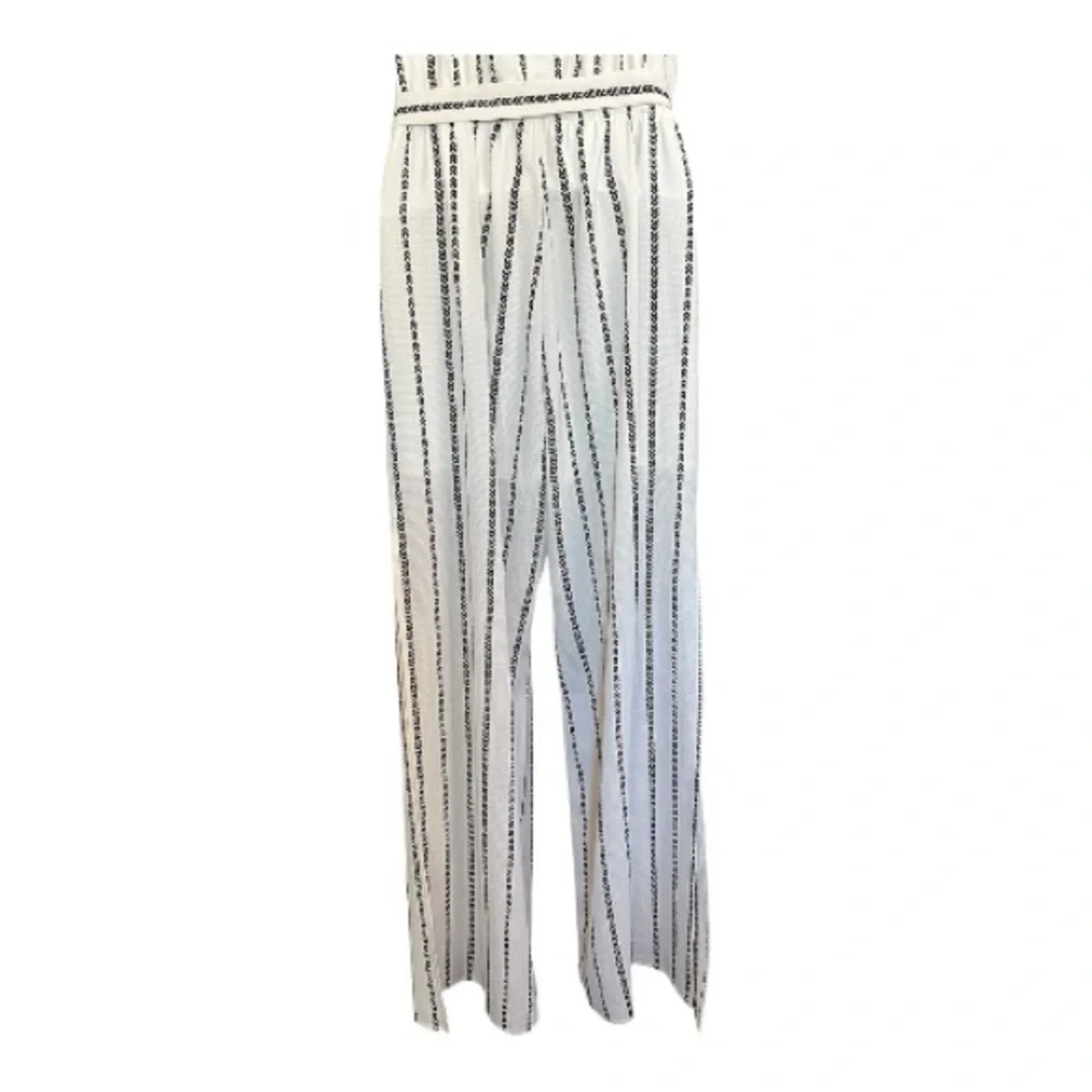 EUC One Clothing ivory & brown striped wide leg jumpsuit w/ belt | size large - Picture 9 of 12
